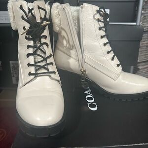 Coach Women's Cream Lace-Up Boots new